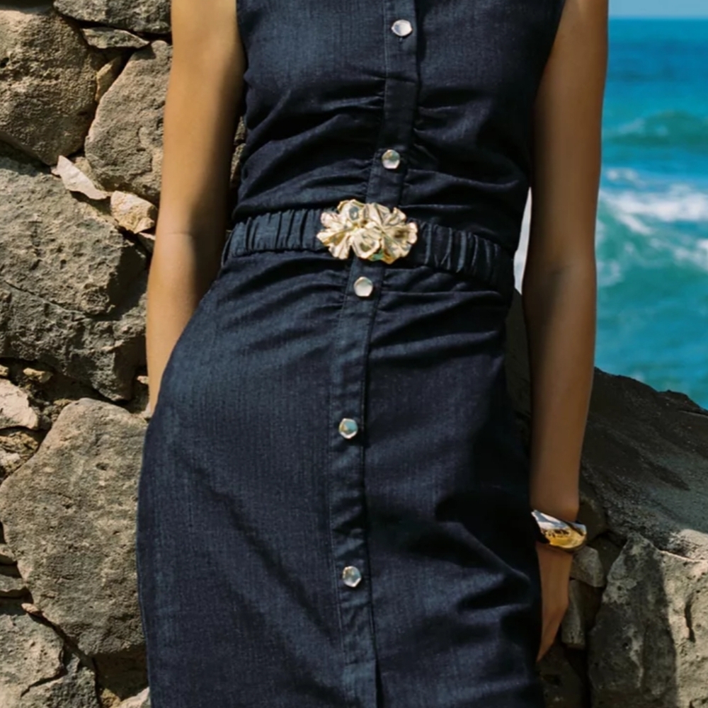 Zara Dark Blue Denim Midi Dress with Gold Accents - Picture 7 of 16